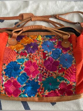 Big Vintage leather Orange Floral Embroidered Tote Bag (main zipper is broken)